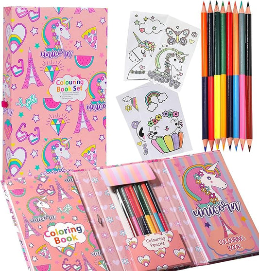Unicorn Coloring Book Set with Coloring Pages & Colored Pencils, Art Supplies for Kids Ages 4-6-8, Arts Crafts Travel Coloring Kit for Girls 4 5 6 7 8 Year Old Birthday Gifts