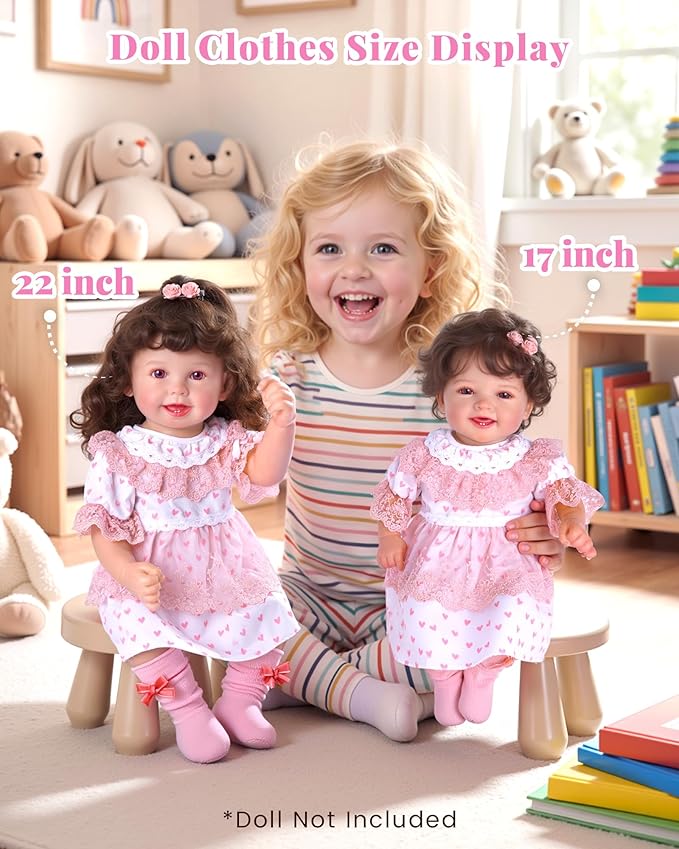 BABESIDE 5 Pcs Reborn Baby Doll Clothes Accessories Set for 17-22 Inch Dolls, Reborn Doll Dress with Socks Diaper Reusable and Pink Rose Hair Clips for Realistic Baby Dolls Girls