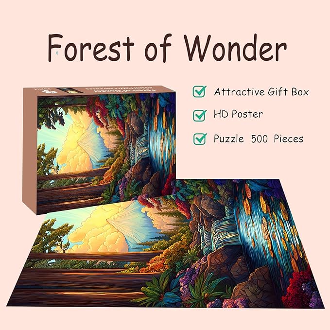 Puzzles for Adults 500 Pieces, Stained Glass Jigsaw Puzzles 500 Pieces - Forest of Wonder, Landscape Impossible Puzzle, Finished Size 20.47 * 14.96”, with 1:1 Poster, Letter on The Back