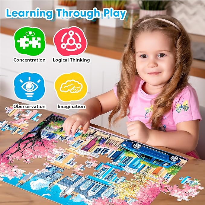 4 Packs 100 Piece Puzzles for Kids Adults, 4 in 1 Jigsaw Puzzles for Kids Ages 6-8 8-10, Beautiful House Large Piece Puzzle for Seniors Learning Educational Children Puzzle 5-8 for Boys and Girls