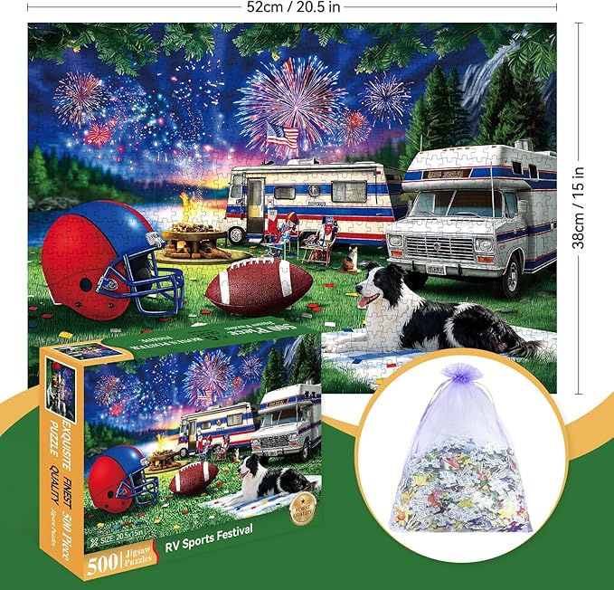 500 Pieces Puzzle for Adults, Puzzles for Adults 500 Pieces, American Football Camping Fireworks Dog Jigsaw Puzzle, Challenging Perfect for Game Nights, 20.5 X 15 in