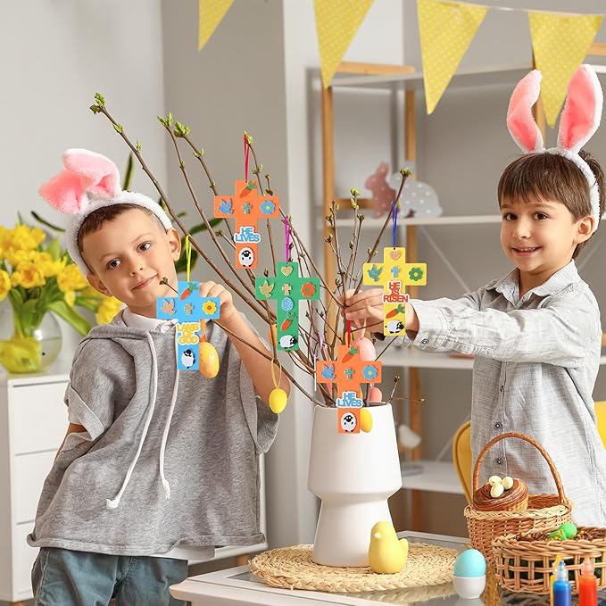 Fennoral 24 Pack Easter Cross Craft Kit for Kids Make You Own DIY Foam Stickers Ornament Spring Arts and Crafts for Easter Party Supplies & Home Decorations