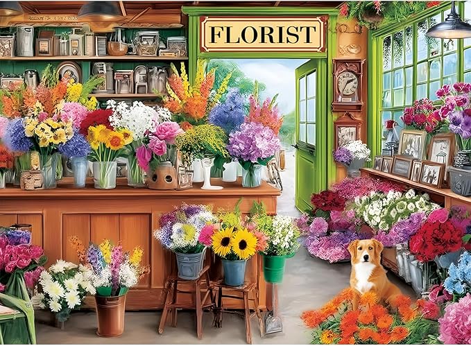 300 Piece Puzzles for Adults,Colorful Flower Shop Scene with Dog,Botanical Jigsaw Puzzle for Kids Teen Adults,Interlock Perfectly Letters on Back,Challenging Puzzle for Family Game Nights,20.5 x 15 in