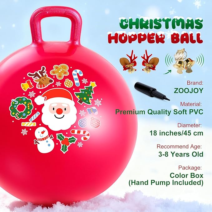 ZOOJOY Hopper Ball for Girls & Boys 3-8 with Free Hair Clips, Santa Claus Red 18in Bouncy Ball with Handle for Kids, Christmas Hopping Toys Indoor and Outdoor Play Includes Pump