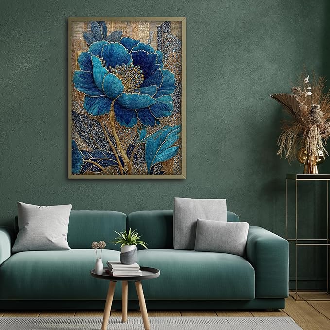 Blue Flower Puzzles for Adults 1000 Pieces, Beautiful Vintage Elegant Floral Jigsaw Puzzles, Diamond Aesthetic Art Plant Theme Puzzle Challenge for Adults Artistic