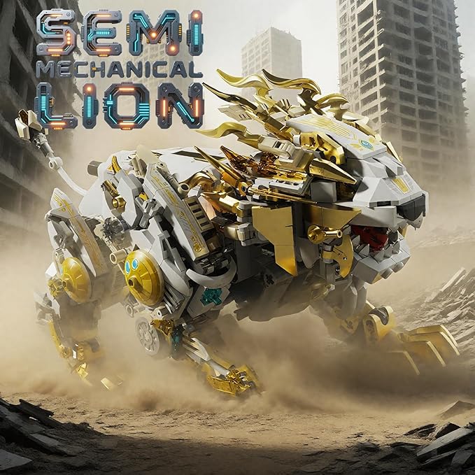Mechanical Lion Building Block Toy Set Futuristic Mechanical Beast Model with Movable Parts & Gears Premium Mechanical Building Kit with Display Stand, Ideal Gift for Boys & Adults