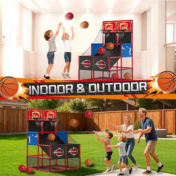 Upgrade Dual Basketball Arcade Game Kids Basketball Hoop with Electronic Scoreboard LED Light 6 Balls Indoor Outdoor Sports Toys Gifts for Boys Girls Ages 3-8 (Red)