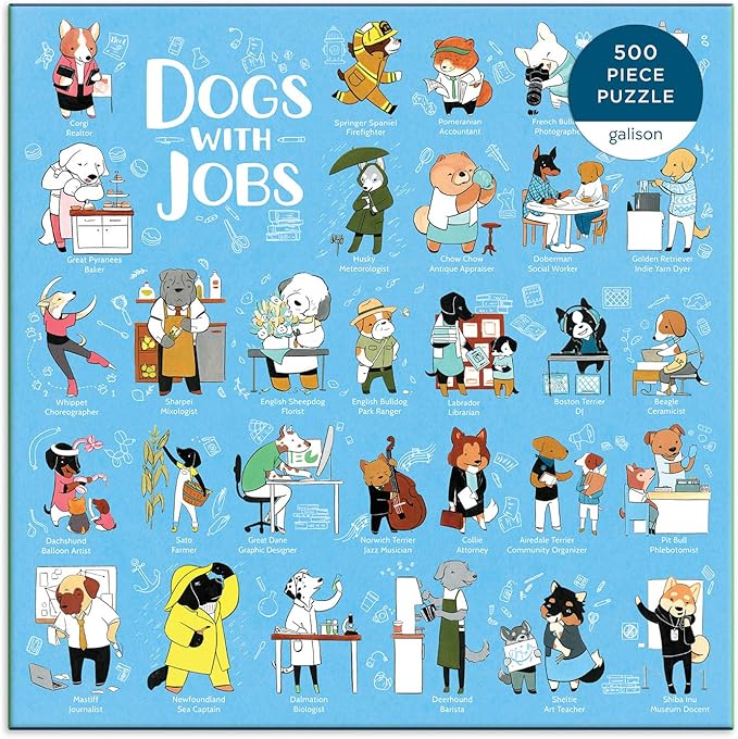 Galison Dogs with Jobs Puzzle, 500 Pieces, 20” x 20” – Jigsaw Puzzle Featuring an Amusing Illustration of Dogs – Thick, Sturdy Pieces, Challenging Family Activity, Great Gift Idea