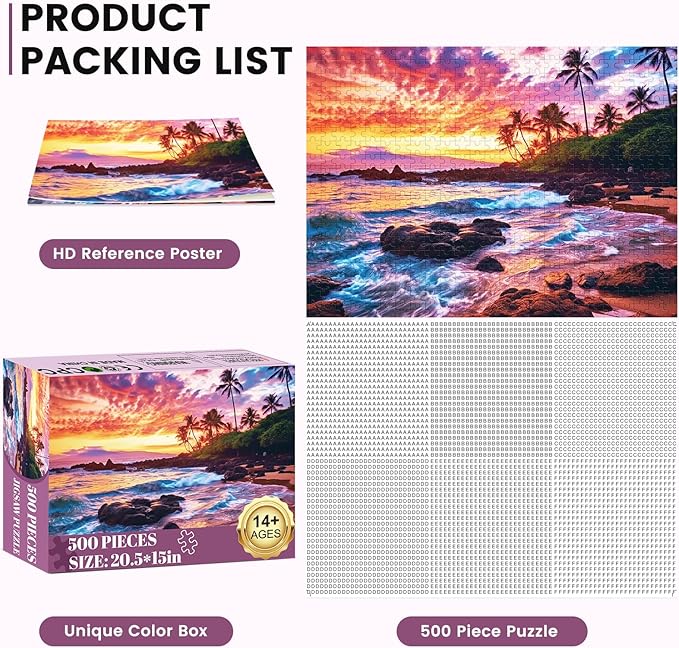 500 Piece Beach Puzzle for Adults-Sunset Puzzle | Recycled Cardboar Jigsaw Puzzles 500 Pieces | Challenging Family Activity Great Gift Idea for Family Friends | Difficult Puzzles Size 20.5 x 15 inches