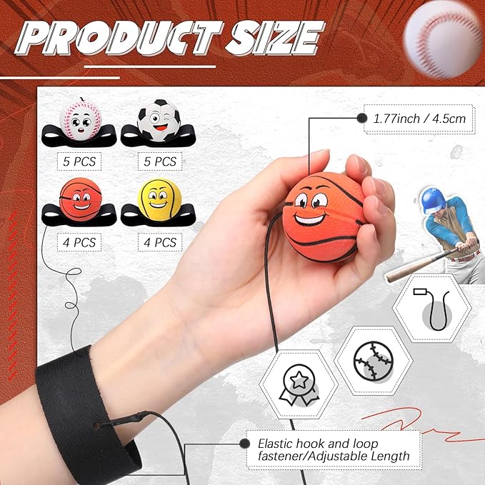 18 Pcs Wrist Return Balls on a String Face Return Sport Balls with Elastic Strap Wrist Exercise for Adults for Fun Outdoor Activity Sports Team Gifts (Multiple Style)