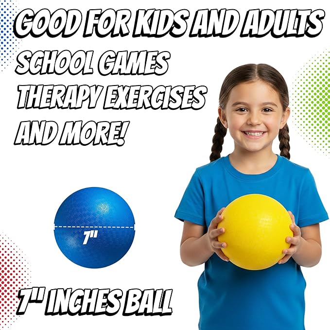 7-inch Dodgeballs For Kids & Adults (6 Pack) - Rubber Kickball Playground Four Square Balls With Pump - Colorful Indoor Or Outdoor Play Sports Balls For School PE Class, Recess, Backyard Game