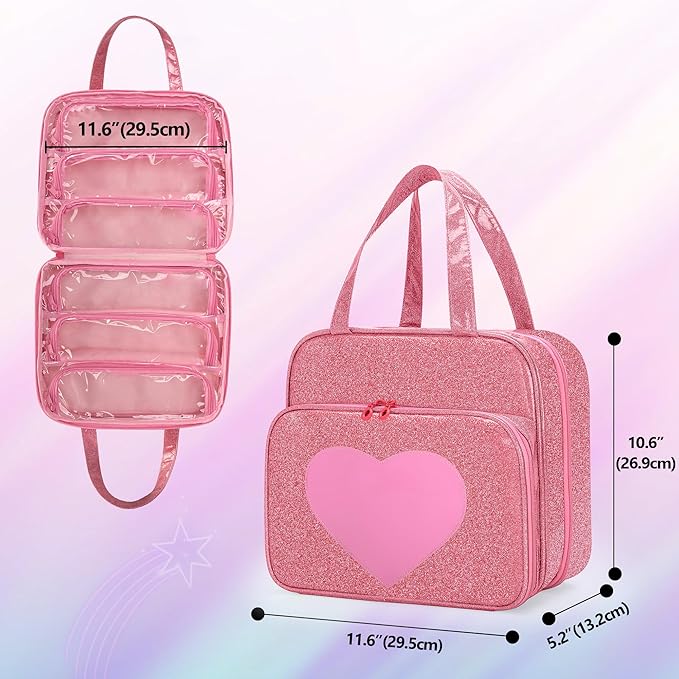 LoDrid Doll Case Compatible with Monster High Dolls with 6 Transparent Pockets for Display and Storage, Tote Bag with Front Pocket and Handle, Pink, Bag Only