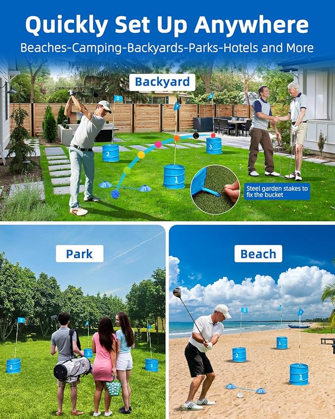 Backyard Golf Game - 3 Set Buckets for Practice, Family and Adults - Outdoor Yard Game for Lawn, Beach, Camping, Park