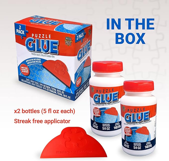MasterPieces – Puzzle Glue with Wide Plastic Spreader, Easy to Apply, Dries Quick and Clear, Protects Finished Jigsaw Puzzles, Water-Soluble, 2 Pack, 5 oz Each