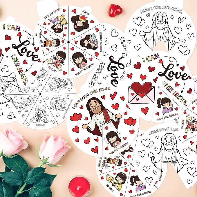 COcnny Valentine’s Day Christian Coloring Craft for Kids - 24 Sets Color Your Own Valentines Religious Art Cards, DIY Sweet Jesus Bible Wheel Paper for Church Sunday School Classroom Class Activities