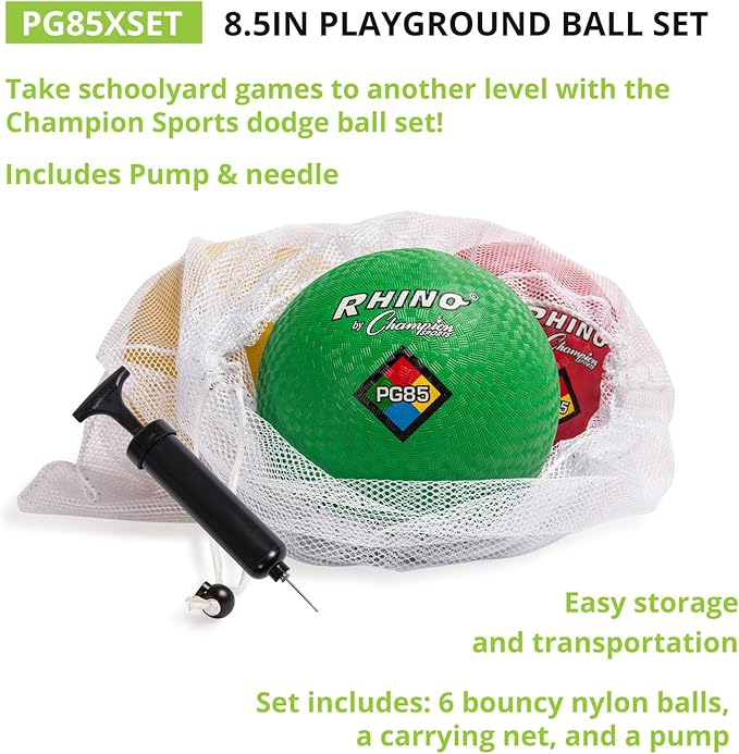 Champion Sports Rhino Playground Ball Set, 8.5"D -Two-Ply, Nylon Wound - Set of 6 Colors With Bag and Pump
