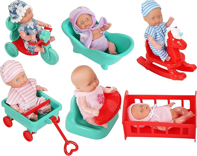 fash n kolor, 6 Mini Doll Set - 5" Inch Baby Girl Toy - Princess Toys Dolls - Baby Doll Crib, High Chair, Bathtub, Horse See Saw, Wagon and Bike Accessories - Dolls for 3+ Year Old Girls