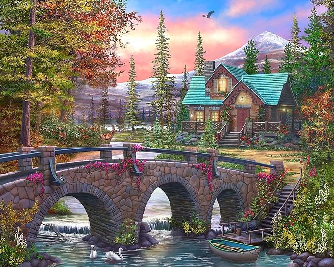 Springbok's Mountain Home Sunrise 1000 Piece Puzzle for Adults is a Soothing Image of a Mountain Cabin Retreat