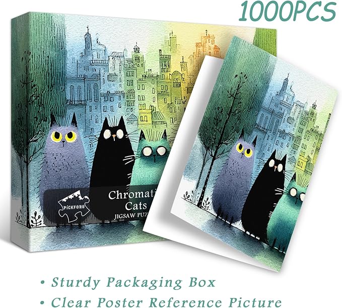 PICKFORU Gradient Cat Puzzles for Adults 1000 Pieces, Colorful City Jigsaw Puzzle, Cute Kitten Puzzle as Wall Art Decor