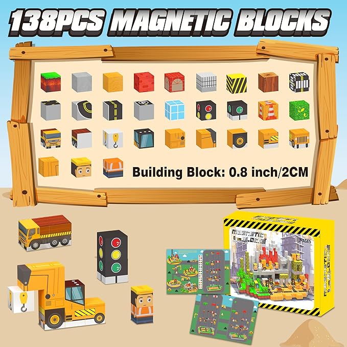 138PCS Magnetic Blocks - Magnetic Building Blocks Magnet Block Cubes Construction Set, STEM Montessori Sensory Stacking Toys for Kids Boys Girls Ages 3 4 5 6 7 8-12 Holiday Christmas Birthday Gifts