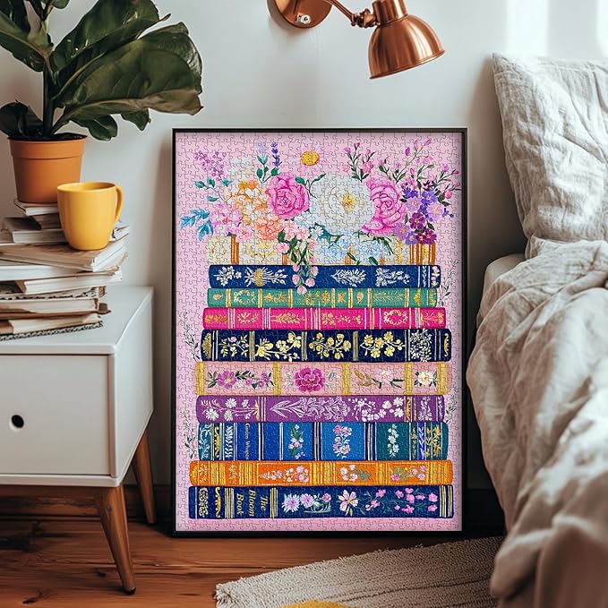 Colorful Flower Book Puzzles for Adults 1000 Piece, PICKFORU Wildflower Pages Jigsaw Puzzles Library, Impossible Spring Floral Art Theme for Book Lovers