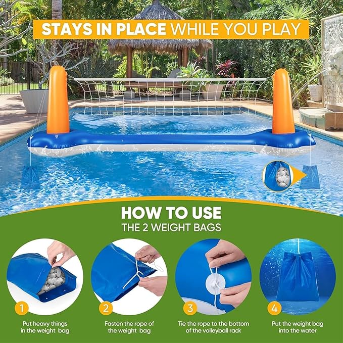 KIDDITOY Pool Volleyball Net, Pool Volleyball Set for Inground with Water Ball and Ball Pump, 2025 Swimming Pool Games for Adults, Perfect for Floating Pool Party Toys Games (115" x30’’x38’’)