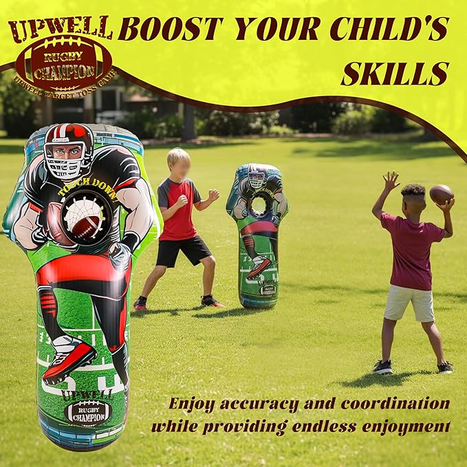 UPWELL Inflatable Football Target Set - 6ft Blow Up Toy for Fun Toss Games, Soft Footballs, Indoor/Outdoor Play, Perfect for Kids' Birthday Parties & Backyard Carnival Games