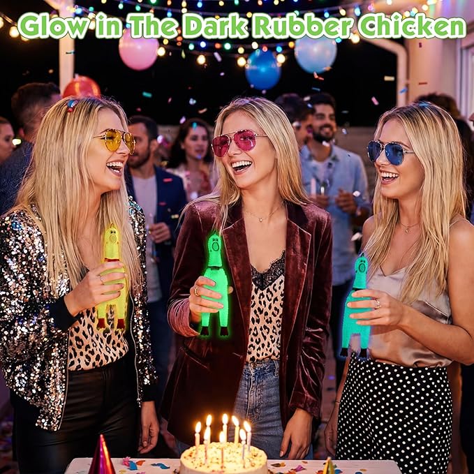 Honoson 50 Pcs Glow in The Dark Rubber Chicken 6.5 Inch Luminous Screaming Glowing Novelty Squeaky Chicken Prank Novelty Party for Adults, Family Games (Pink,Orange,Blue,Green)