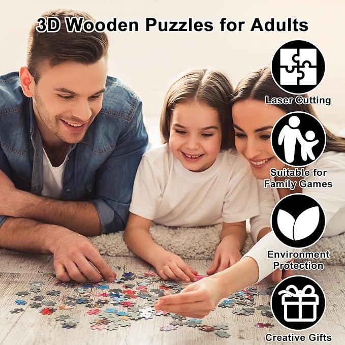 Wooden Puzzles for Adults, 210 Pieces White Wolf Sunset Forest Circular Jigsaw Puzzle, Unique Shaped Laser Cut Wood Art Puzzle, Easter Gift for Mom, for Nature Lovers