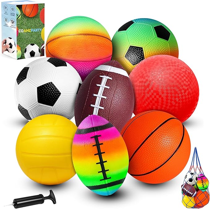 8 Pack Balls for Toddlers Kids, 5 Inch Soccer Balls, Football, Basketball, Beach Balls, Kickball for Outdoor & Indoor Games, Sport Ball Set with Pump and Storage Bag, Boys and Girls Gift