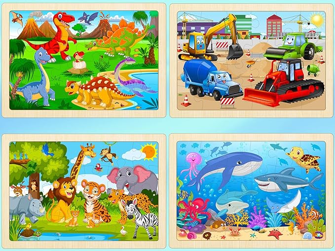 Wooden Puzzles for Kids Ages 4-6, 4 Pack with 24 Pieces Dinosaur, Animal, Ocean, Vehicle Wooden Puzzles for Toddlers Set, Educational & Learning Puzzles, Gifts for 3 4 5 6 Year Old Boys Girls