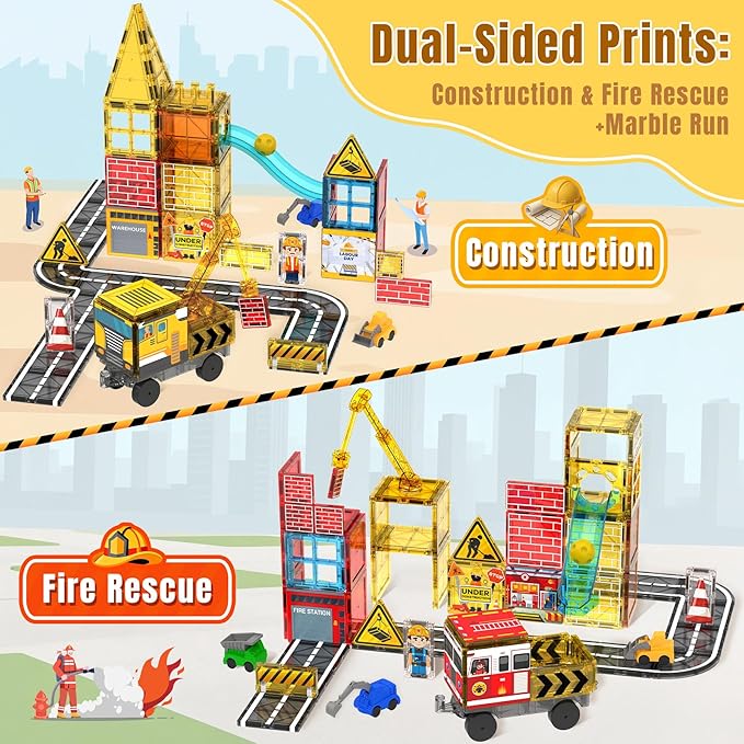 Magnetic Tiles Construction Toys with Road & Crane & Marble Run, Double-Sided Fire Station & Building Magnet Tiles for Kids Ages 4-8, STEM Magnetic Blocks Gifts for 3 4 5 6 7 8 Year Old Boys