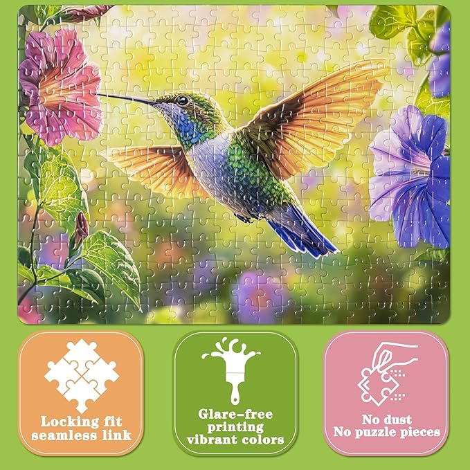 300 Pieces Puzzle for Adults, Spring Hummingbird Flowers Large Pieces Jigsaw Puzzle for Kids Adults, Recycled Paper, Glossy & Sturdy Pieces, Challenging Puzzle & Perfect Family Game, 20.5 x 15 in