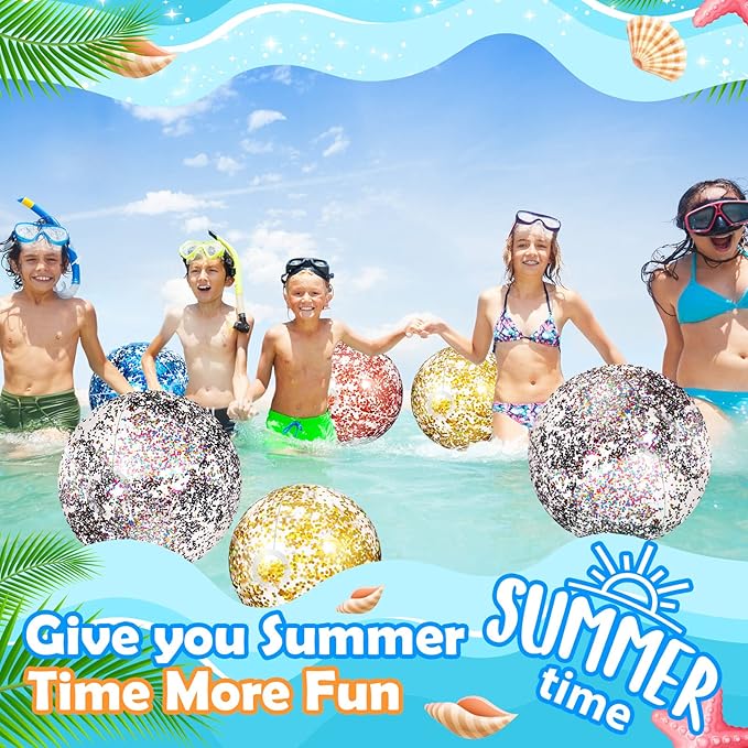 Lewtemi 12 Pcs Inflatable Glitter Beach Balls 16 Inch 24 Inch Shiny Giant Confetti Balls Swimming Pool Beach Blow up Balloon for Outdoor Summer Party Wedding Decor(Gold, Rose Gold, Purple)