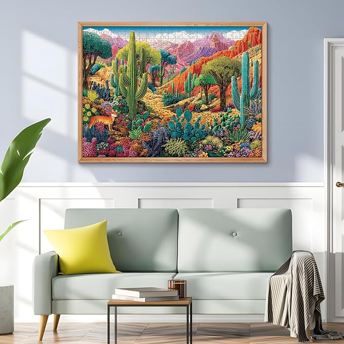 500 Piece Jigsaw Puzzles for Adults, Colorful Desert 500 Piece Puzzle, Vibrant Landscape with Cacti, Fox and Mountains Jigsaw Puzzles, Relaxing Gift for Adults, Seniors, 20.5 x 15 in