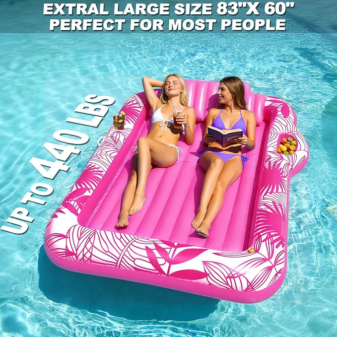 83" X 60" Inflatable Tanning Pool Lounger Float with Sprinkler, Extra Large Pool Float Adults with Pillow, 6 in 1 Suntan Tub Raft Floatie Toys with Drink Holder Sunbathing Water Filled Tanning Bed