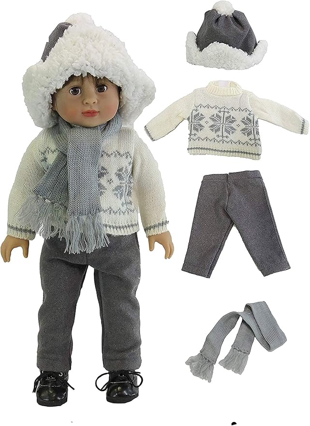 American Fashion World Boy’s Gray Snowflake Sweater Pants Set for 18-Inch Dolls | Premium Quality & Trendy Design | Dolls Clothes | Outfit Fashions for Dolls for Popular Brands