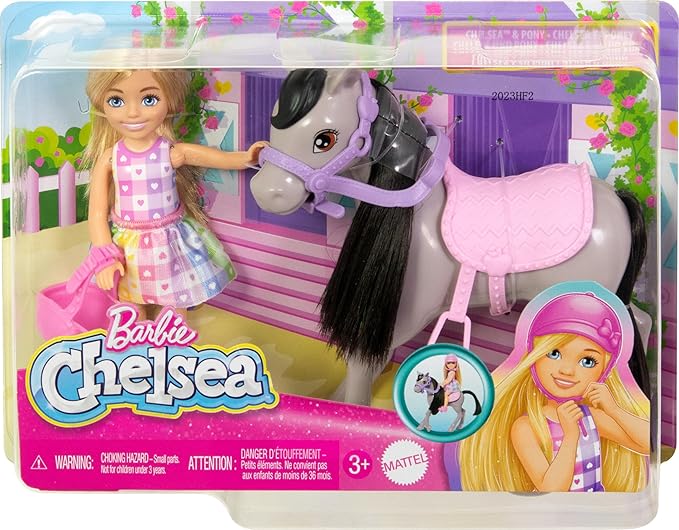 Barbie Chelsea Doll & Toy Horse Set, Includes Helmet Accessory & Saddle, Small Doll Bends at Knees to “Ride” Gray Pony