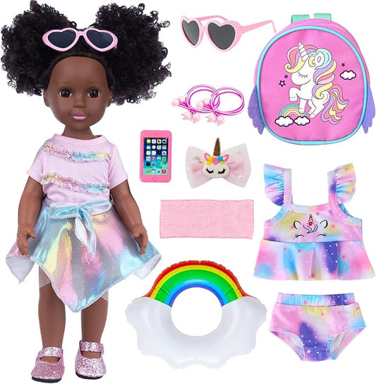 UZIDBTO Black Dolls and Black Baby Doll Accessories - 14.5 Inch Silicone African Baby Doll with Clothes Unicorn Theme Doll Swimsuits Best Gift for Girls Kids