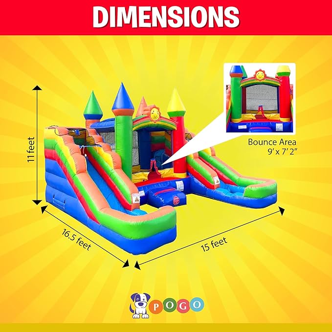 Crossover Rainbow Double Water Slide Bounce House Combo, 16.5 x 15 x 11 Foot, PVC Vinyl Inflatable Bouncy House for Kids, Wet or Dry Slides, with Stakes and Storage Bag, Blower not Included