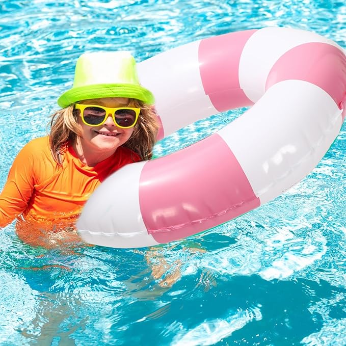 Whaline 4Pcs Inflatable Swimming Float Toy Striped Swim Ring Fun Print Pool Lounger Tube for Summer Swimming Beach Party