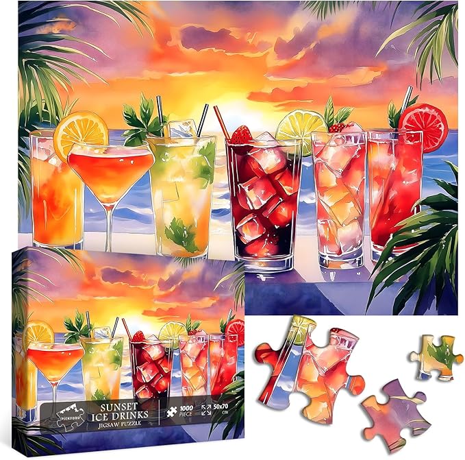 Summer Beach Puzzles for Adults 1000 Pieces, PICKFORU Colorful Seaside Holiday Jigsaw Puzzles Sunset Scene, Impossible Challenging Rainbow Drinks Theme as Home Decor