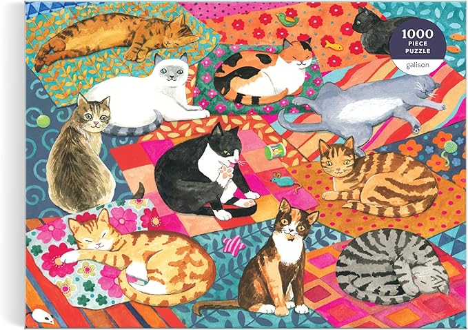 Galison Lounging Cats – 1000 Piece Jigsaw Puzzle Featuring Beautiful Artwork of A Variety of Feline Friends Lounging On Colorful Quilts