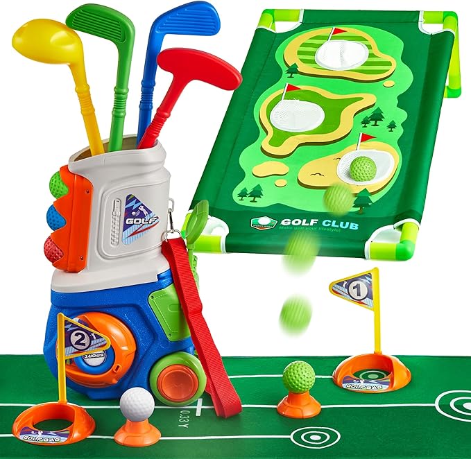 PJG Toddler Golf Set, Plastic Kids Golf Clubs Ages 1 2 3 4 5 Years Old with 4 Golf Clubs and 10 Balls, Indoor and Outdoor Golf Toys with Cart for Boys Girls Birthday Gift (Blue with mat and Cornhole)