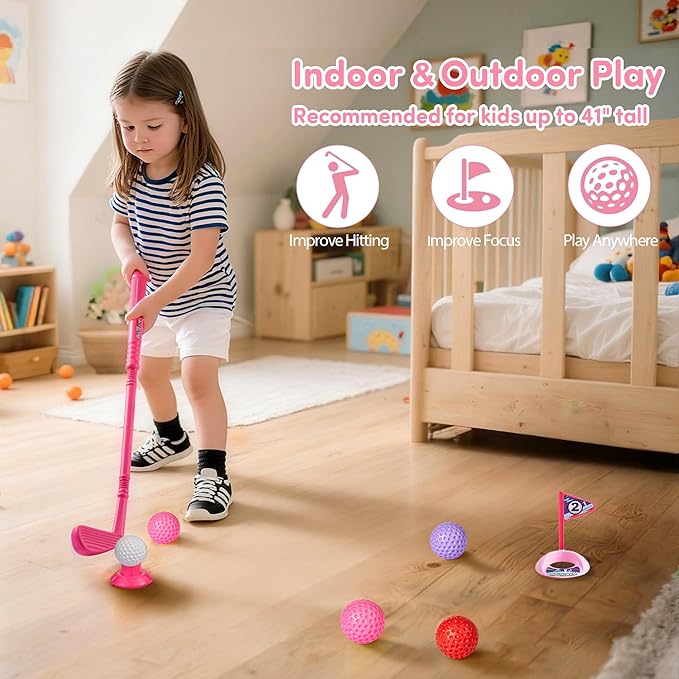 PJG Toddler Golf Set, Plastic Kids Golf Clubs Ages 1 2 3 4 5 Years Old with 4 Golf Clubs and 10 Balls, Indoor and Outdoor Golf Toys with Cart for Boys Girls Birthday (Pink)