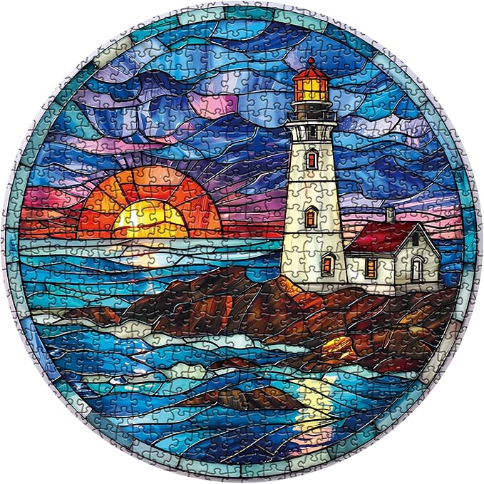 Stained Glass Beach Lighthouse Puzzle for Adults 1000 Piece, Ocean Sunset Jigsaw Puzzle, Nature Landscape Puzzle Scenery