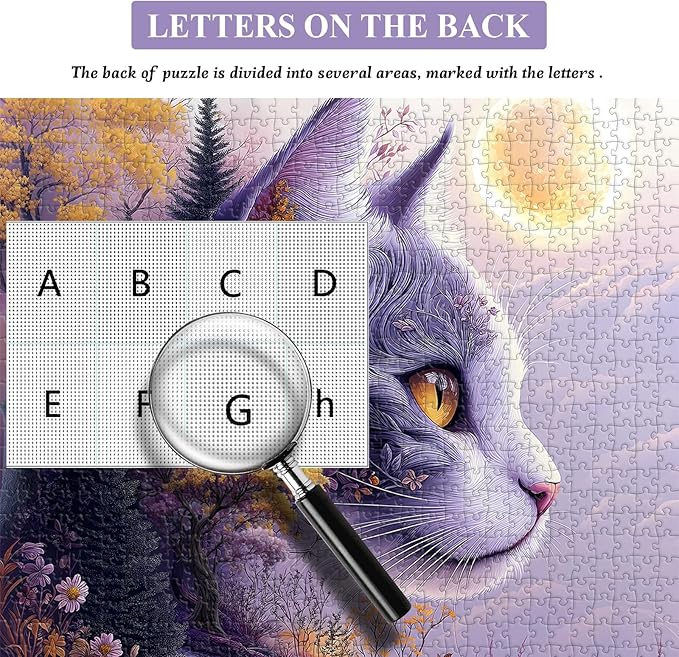 Fantasy Cat Puzzle for Adults 1000 Pieces,Moonlit Forest Cat Nature Puzzle,Dreamy Floral Kitten Landscape Puzzle,Impossible Purple Scenery Jigsaw Puzzle Challenge