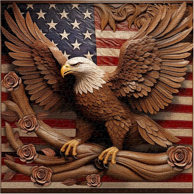 American Flag Eagle Puzzles for Adults 1000 Pieces, Vintage USA Patriotic Faith Jigsaw Puzzle, United States Bird Roses Flower Puzzles as Home Decor