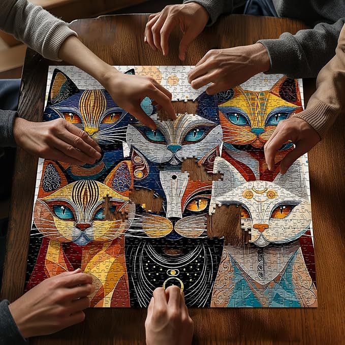 Cat Puzzles for Adults 1000 Pieces, PICKFORU Abstract Cat Jigsaw Puzzle, Animal Funny Kitty Challenge Puzzle Kitten