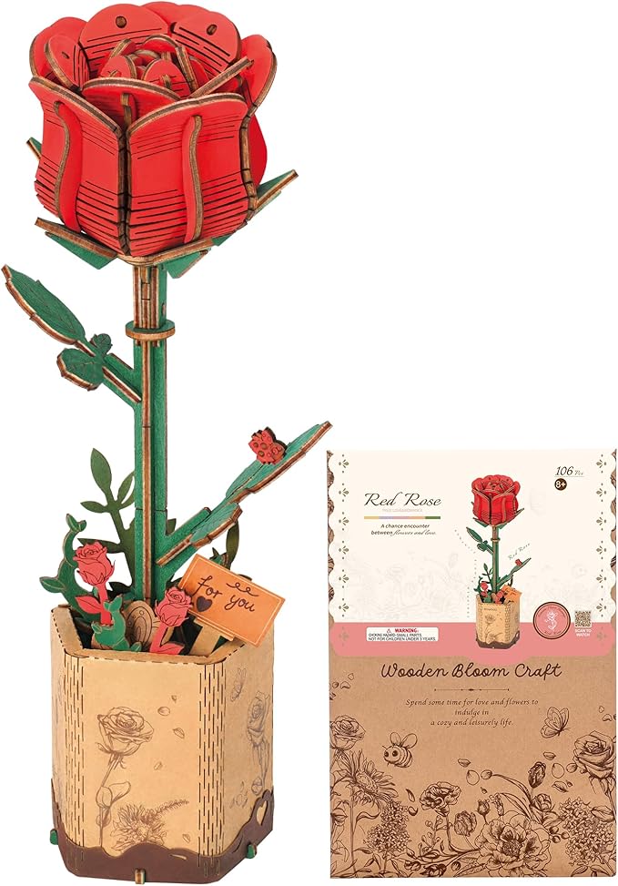ROBOTIME Red Rose 3D Wooden Flower Puzzle, DIY Craft Kit for Adults, Everlasting Artificial Floral Bouquet, Creative Gift